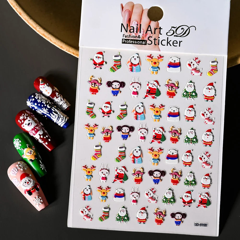 Cute Deer Christmas Nail Stickers 5D Embossed Elk Star Gingerbread Man Snowflake Santa Claus Holly DIY Winter Engraved Manicure* (ONLINE ORDER ONLY)