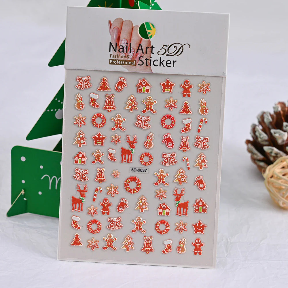 Cute Deer Christmas Nail Stickers 5D Embossed Elk Star Gingerbread Man Snowflake Santa Claus Holly DIY Winter Engraved Manicure* (ONLINE ORDER ONLY)
