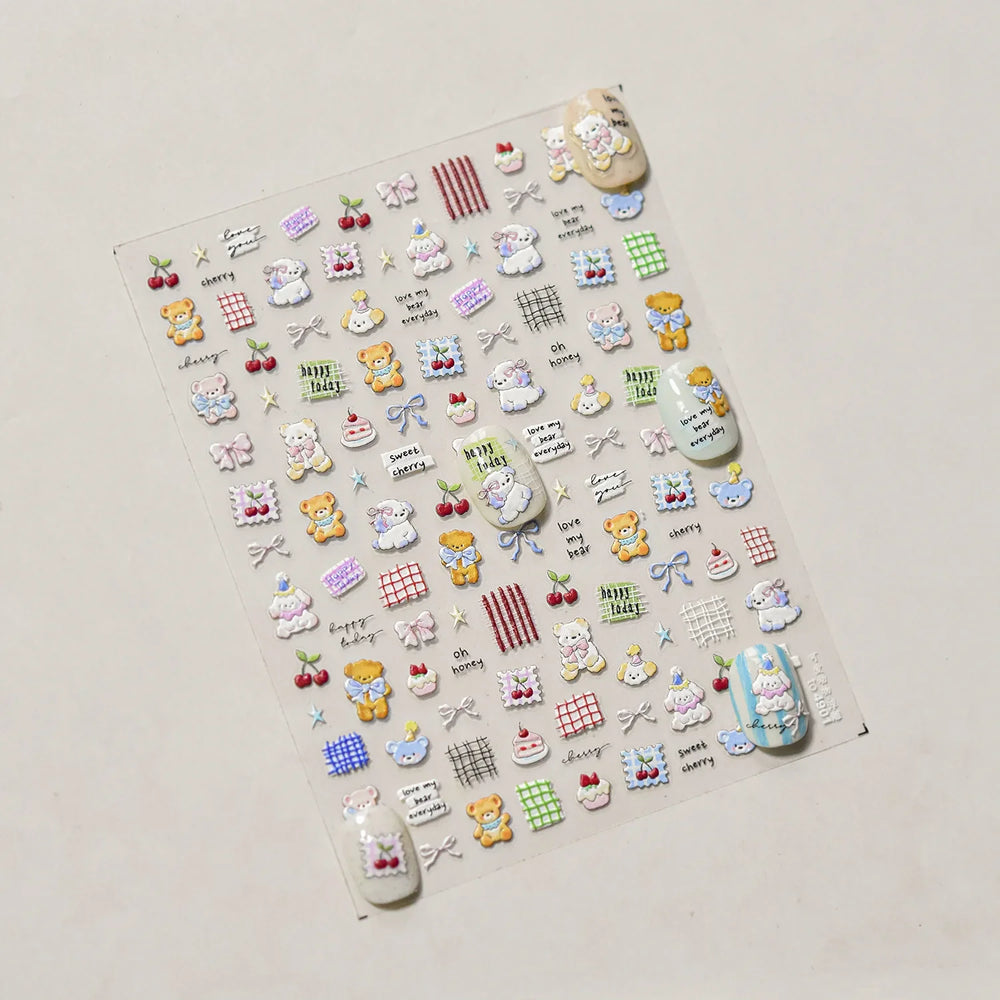 Cute Animals Bear Dog Cake Sweet Cherry Grid Bowknot Star Line Fruit Relief Self Adhesive Nail Art Stickers 3D Manicure Decals (ONLINE ORDER ONLY)