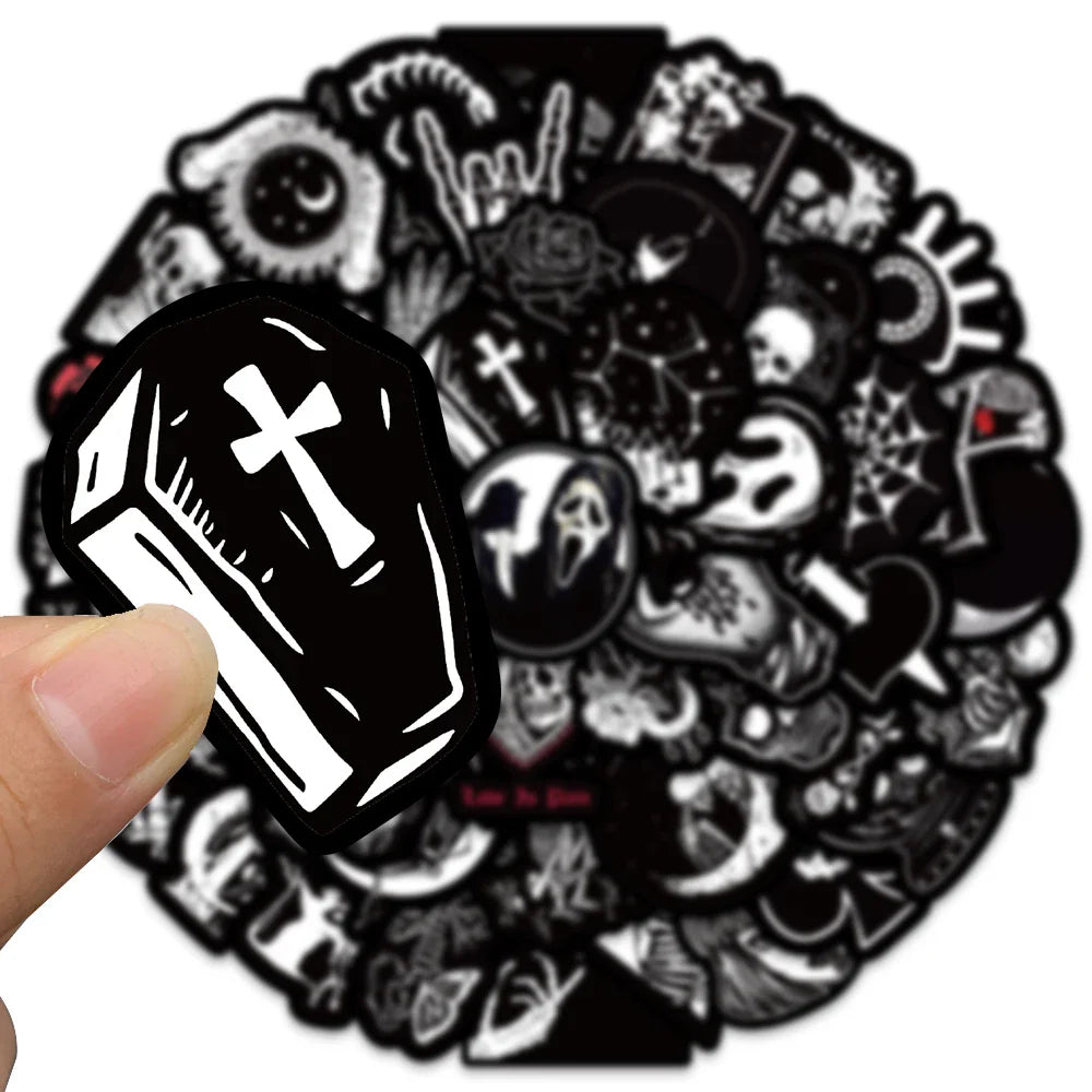 50PCS Horror Black White Death Graffiti Halloween Gothic Sticker Motorcycle Laptop Phone Helmet Car Stationery Bike Cool Decals (ONLINE ORDER ONLY)