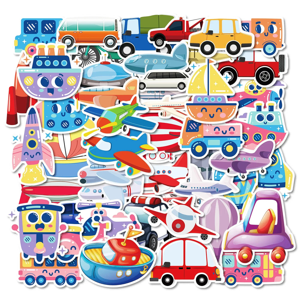 50pcs Cute Cartoon Vehicle Stickers for Helmet, Wall, Desktop Decoration (Online Order Only)