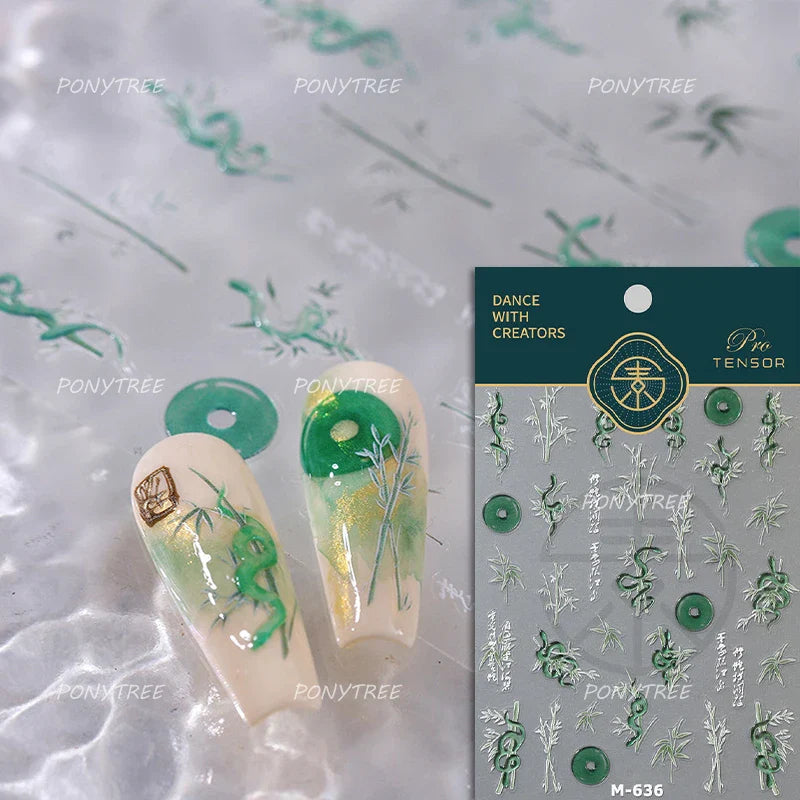 Antique Vigorous Pink Green Bamboo Leaf Robust Plant 5D Soft Relief Adhesive Nail Art Stickers Bouncing Leaves Manicure Decals (ONLINE ORDER ONLY)