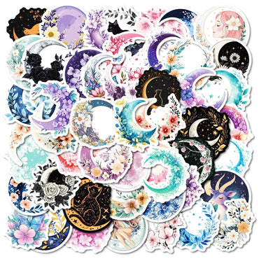 10/50pcs Cute Cartoon Moon Flower Cat Art Stickers Aesthetic for Kids Luggage Decals Scrapbook Stationery Laptop Fridge Sticker (Online Order Only)