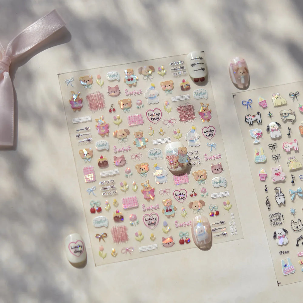Graffiti Bear Cat Kitten Dog Puppy Bowknot Cake Tulip Note Star Cherry Cup Adhesive Nail Art Decoration Sticker Manicure Decals (ONLINE ORDER ONLY)