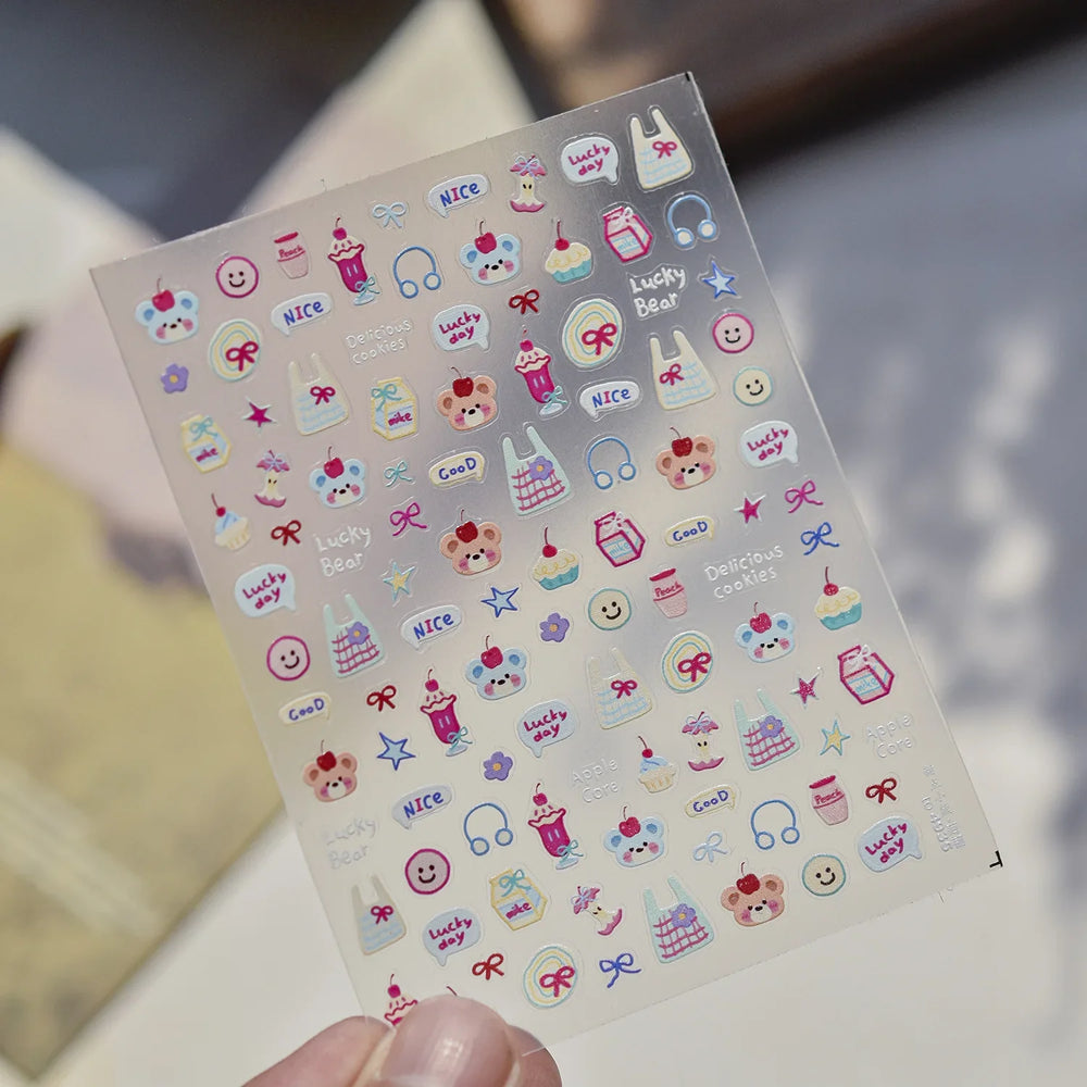 Bear Bowknot Bag Dessert Apple Core Earphone Cup Tulip Cherry Milk Cake Cookies Flower Adhesive Nail Art Stickers Manicure Decal (ONLINE ORDER ONLY)