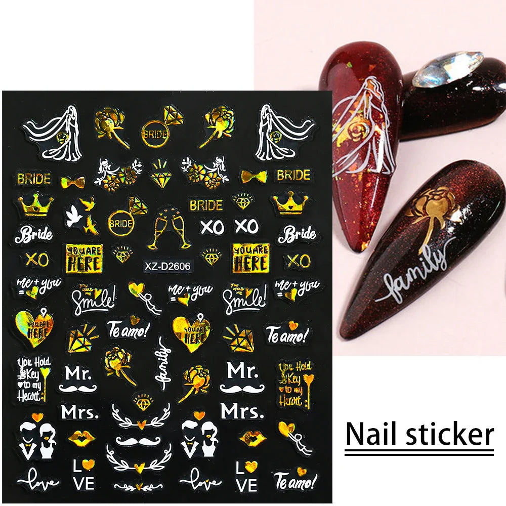 1PC Holographic Laser Heart Nail Stickers-3D Self-Adhesive Golden White Valentines Day Nail Decals For Women Nail Art Decoration (ONLINE ORDER ONLY)