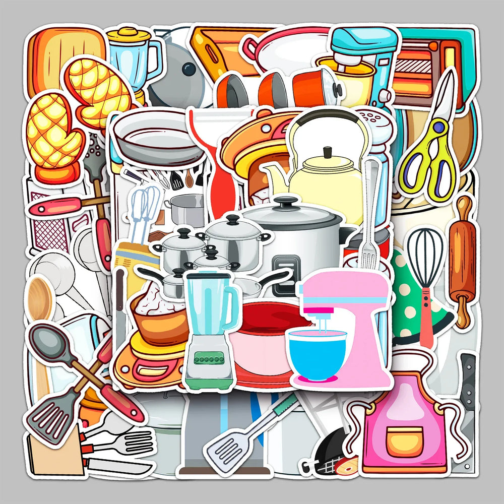 50pcs Cartoon Kitchen Utensil Stickers for Helmet, Wall, DIY Decoration (Online Order Only)