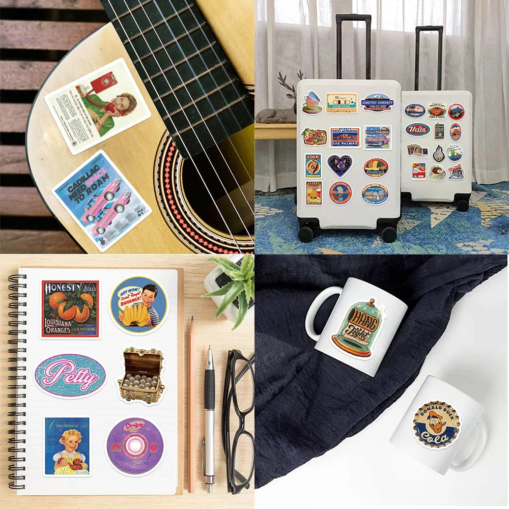 50PCS Cartoon Retro Stickers For Helmet Skateboard Guitar Mobile Phone Refrigerator Personalized Graffiti Creative Sticker Toy (ONLINE ORDER ONLY)
