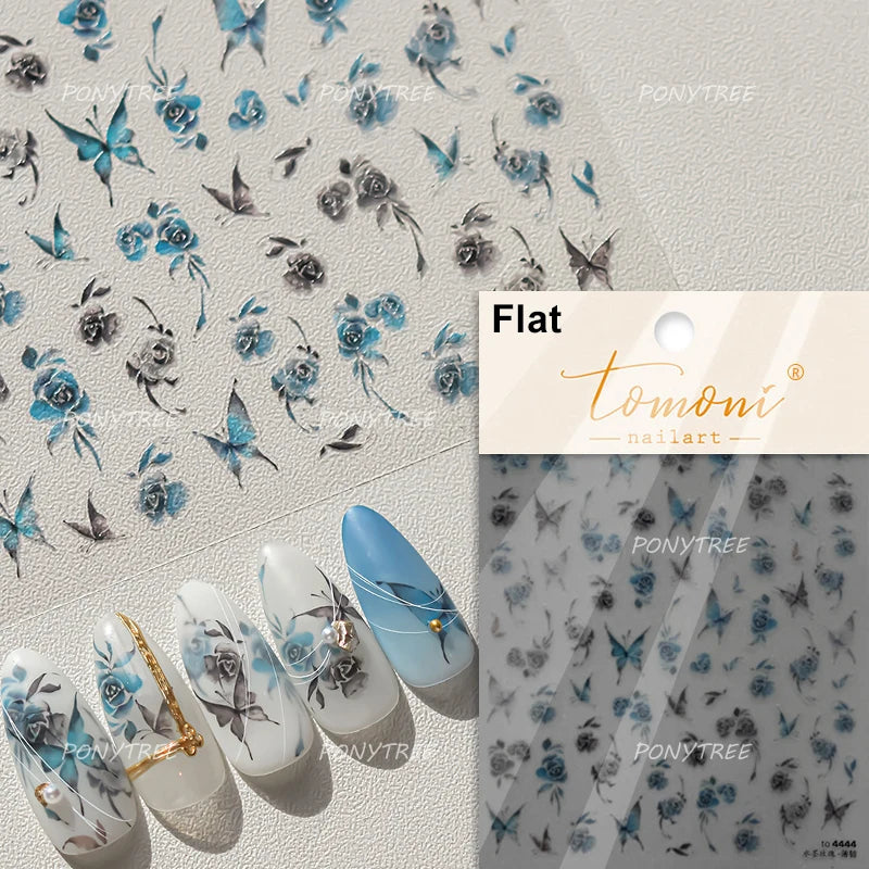 Vigorous Pink Orchid Cymbidium Antique Fragrant Thoroughwort Grass Butterfly Adhesive Nail Art Sticker Plant 3D Manicure Decals (ONLINE ORDER ONLY)