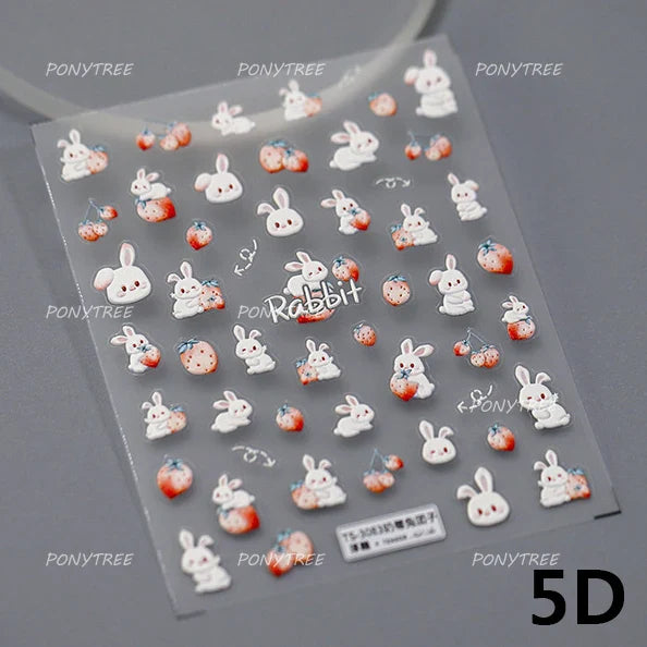 Cute White Rabbit Bunny Strawberry Flower Pudding Star Bowknot Fruit Delicate Adhesive Nail Art Sticker Charming Manicure Decal (Online Order Only)