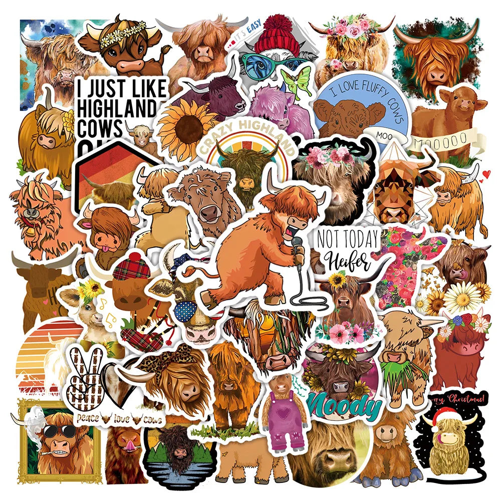 50pcs Cute Highland Cow Graffiti Stickers for Helmet, Wall, DIY Decoration (Online Order Only)