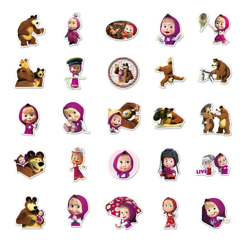 50pcs Masha and The Bear Stickers for Laptop, Water Bottle, Suitcase, Scooter, Refrigerator (Online Order Only)