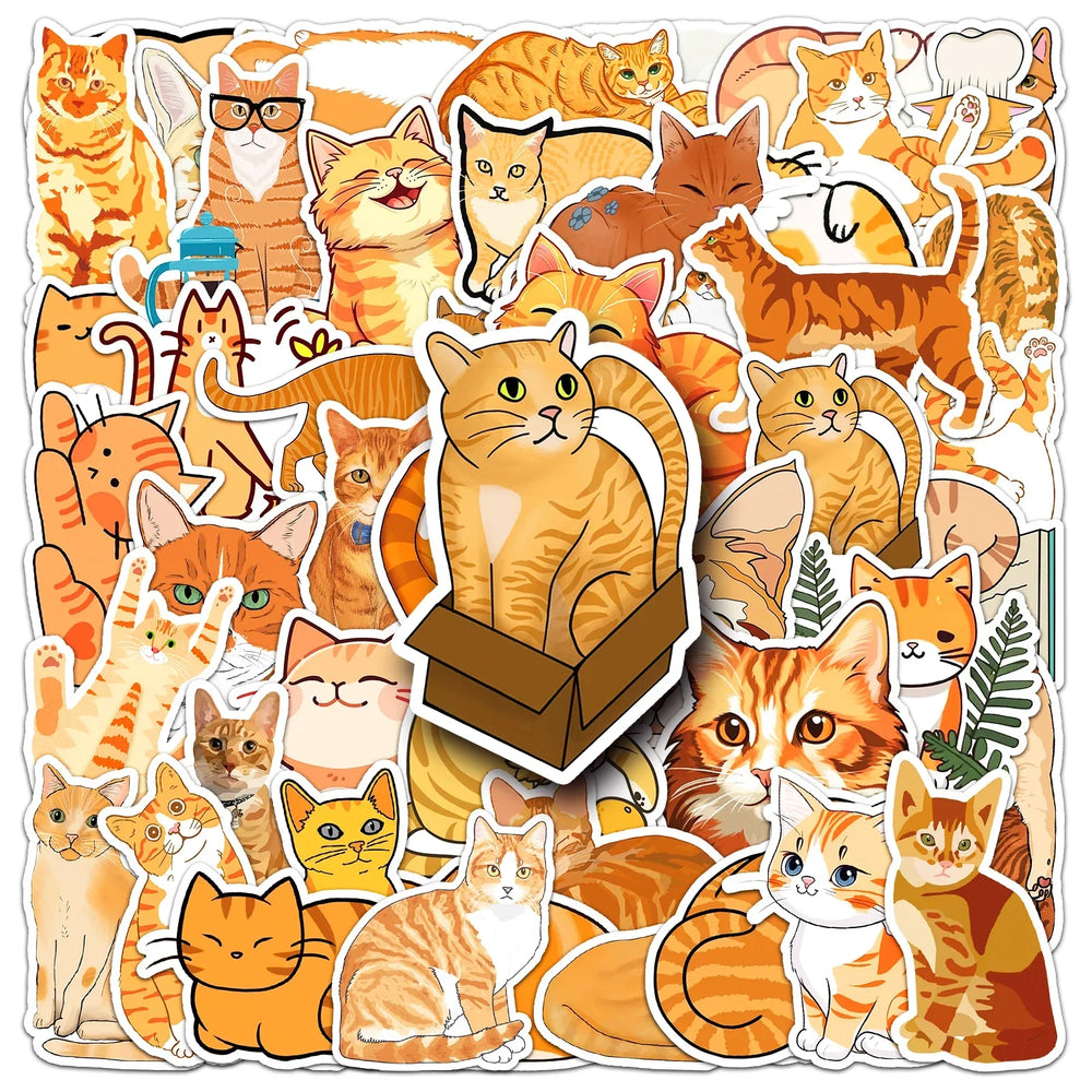 50Pcs Orange Cat Cartoon Waterproof Vinyl Stickers for Skateboard Snowboard Decals (Online Order Only)