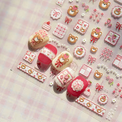 Lovely Bear Strawberry Cake Rose Flower Grid Block Bowknot Embossed Relief Self Adhesive Nail Art Sticker Cute 3D Manicure Decal (ONLINE ORDER ONLY)