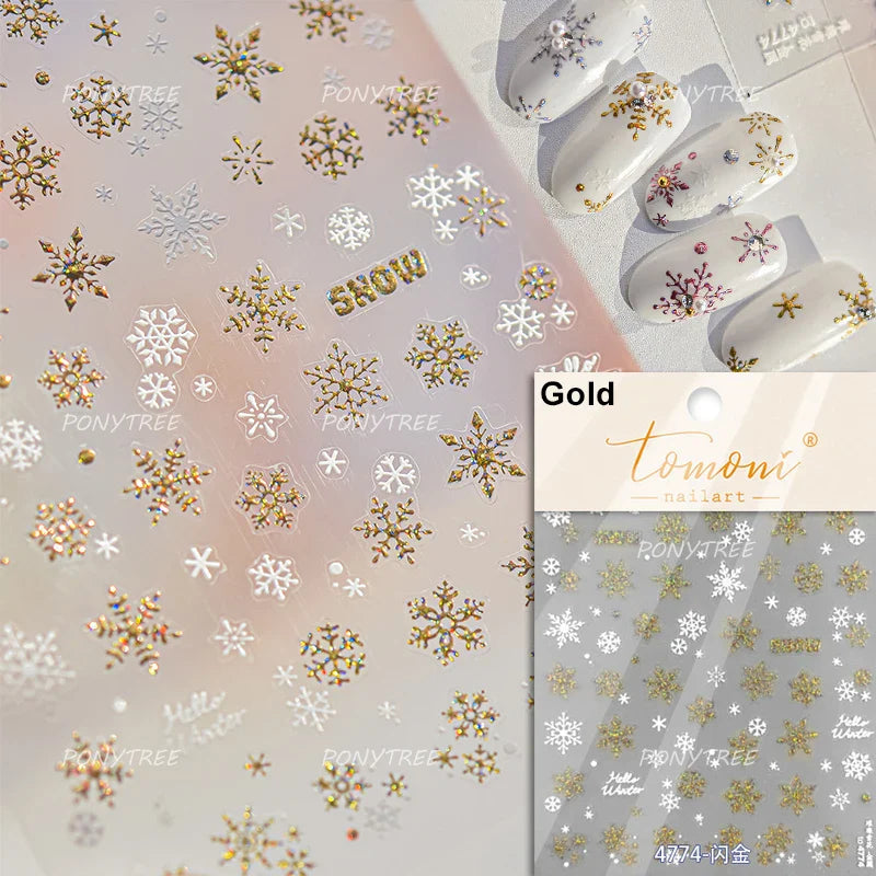 Shiny Snow Delicate Gold Pink Silver White Romantic Winter Self Adhesive Nail Art Stickers Snowflake Rhinestone Manicure Decals (ONLINE ORDER ONLY)