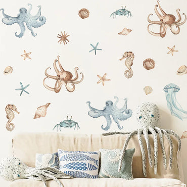 Watercolor Underwater Cartoon Wall Stickers: Octopus, Crab, Seahorse Decor for Nursery & Kids Room (ONLINE ORDER ONLY)