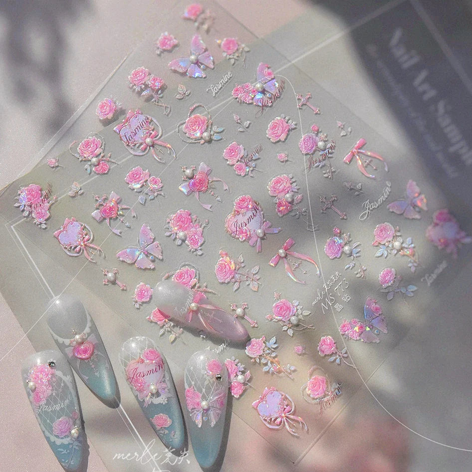 Pink Rose Flower Rambler Heart Bowknot Butterfly Shiny Soft Relief Adhesive Nail Art Stickers Romantic Spring 3D Manicure Decals (ONLINE ORDER ONLY)