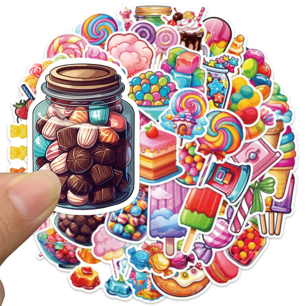 50pcs Cute Cartoon Candy Lollipop Dessert Stickers Kids Toy Luggage Laptop Guitar Skateboard Waterproof Vinyl Bicycle Decals (Online Order Only)