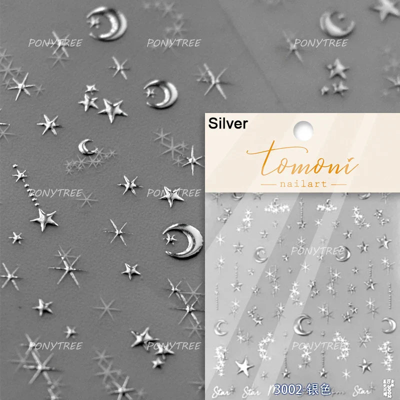 Irregular Stars Red Silver Five-pointed Star Meteor Shiny 5D Self Adhesive Nail Art Stickers Romantic Rhinestone Manicure Decals (ONLINE ORDER ONLY)