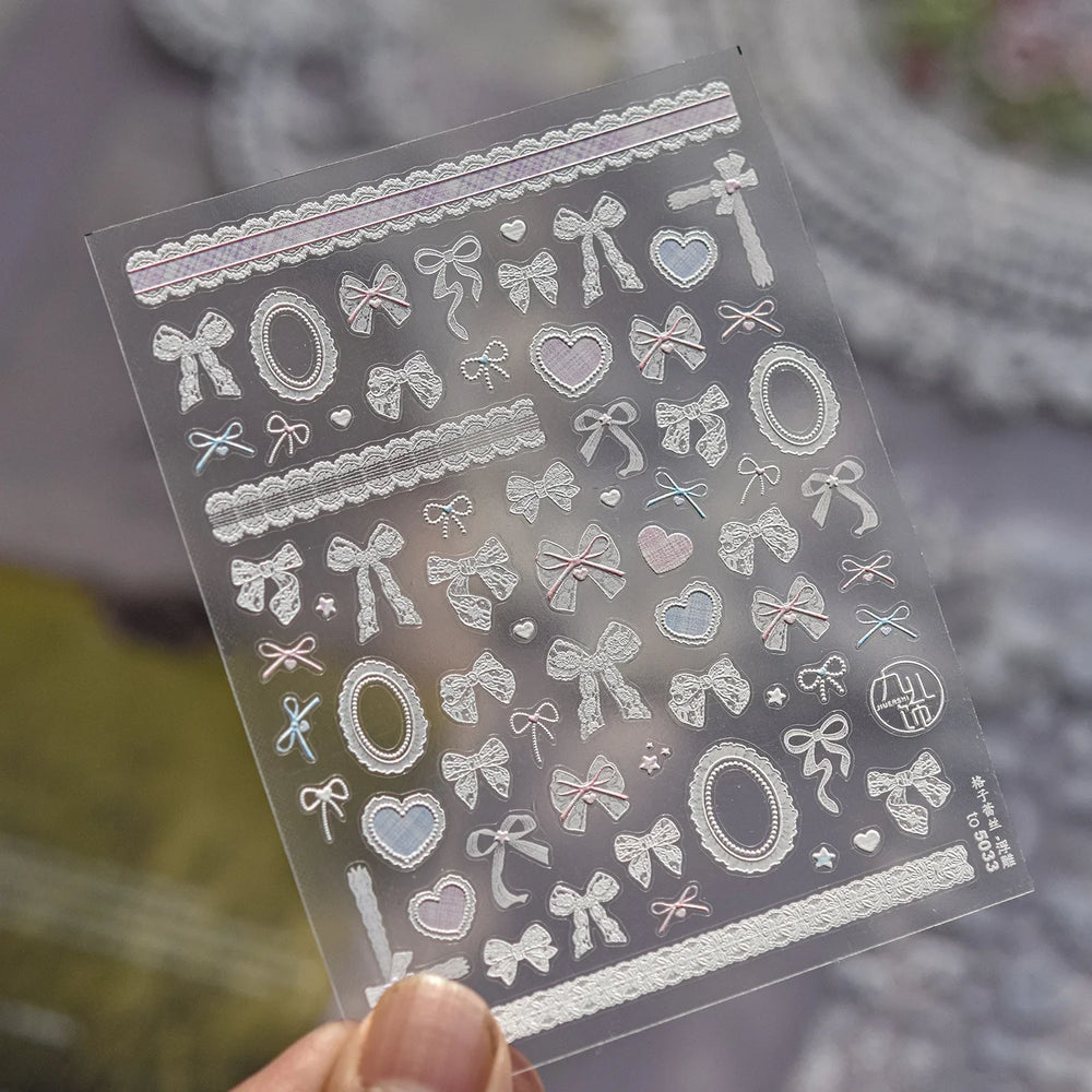 Retro Lace Gird Bowknot Love Heart Flower Leaves Fabric Art Photo Frame Embossed Self Adhesive Nail Art Stickers Manicure Decals (ONLINE ORDER ONLY)