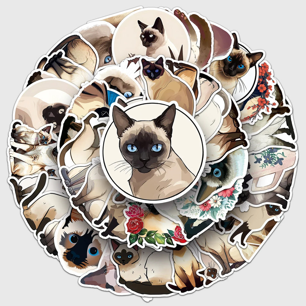 50Pcs Siamese Cat Cartoon Waterproof Vinyl Stickers for Skateboard Snowboard Decal (Online Order Only)