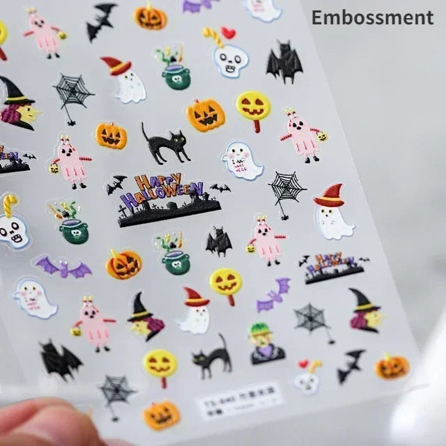 Halloween Ghost Pumpkin Bat Coffin Cat Spider Demon Jelly Self Adhesive Nail Art Sticker Terrifying Candy Candle Manicure Decals (ONLINE ORDER ONLY)
