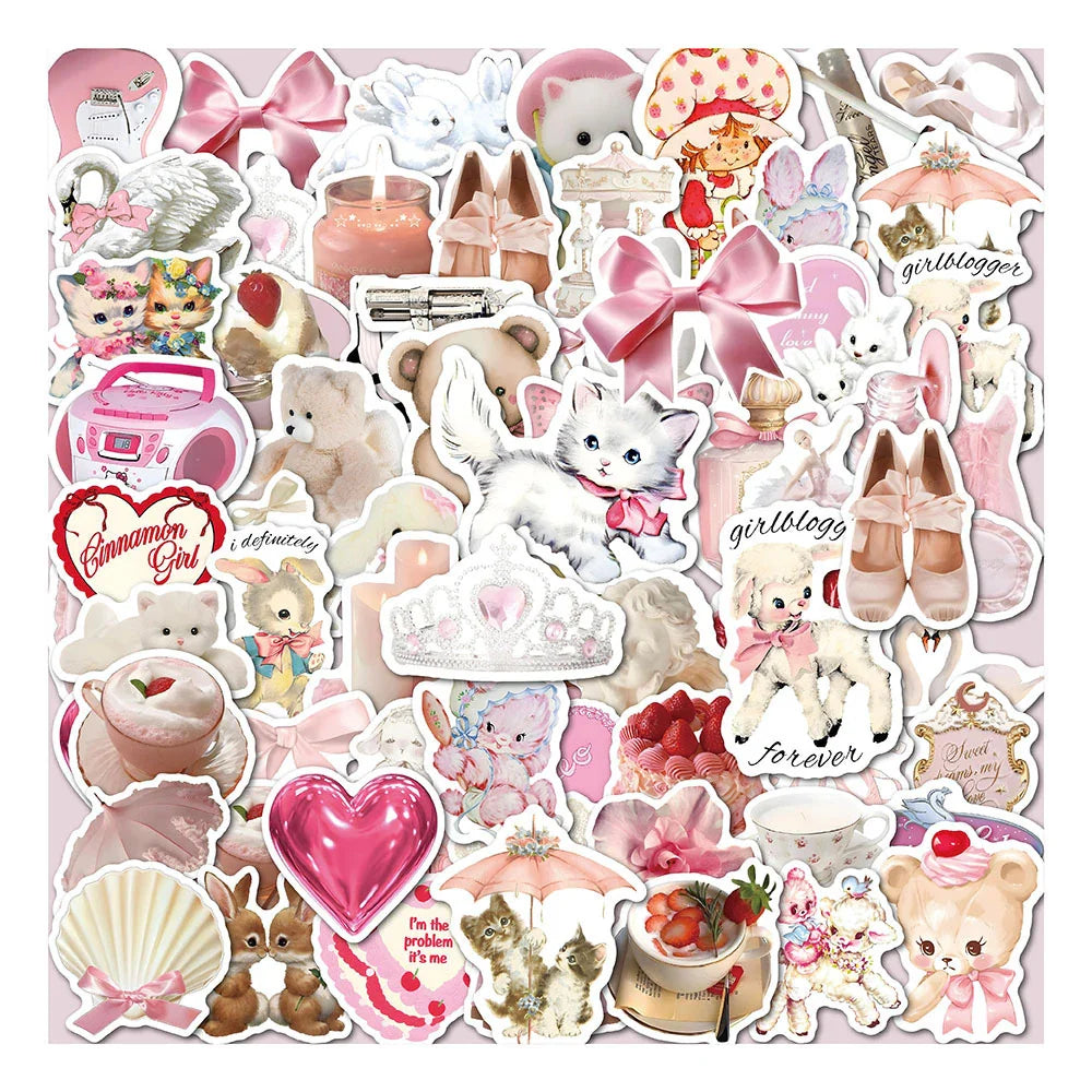10/30/60pcs INS Style Cute Pink Coquette Stickers Aesthetic Decals Decoration Phone Luggage Water Bottle Kawaii Graffiti Sticker (Online Order Only)