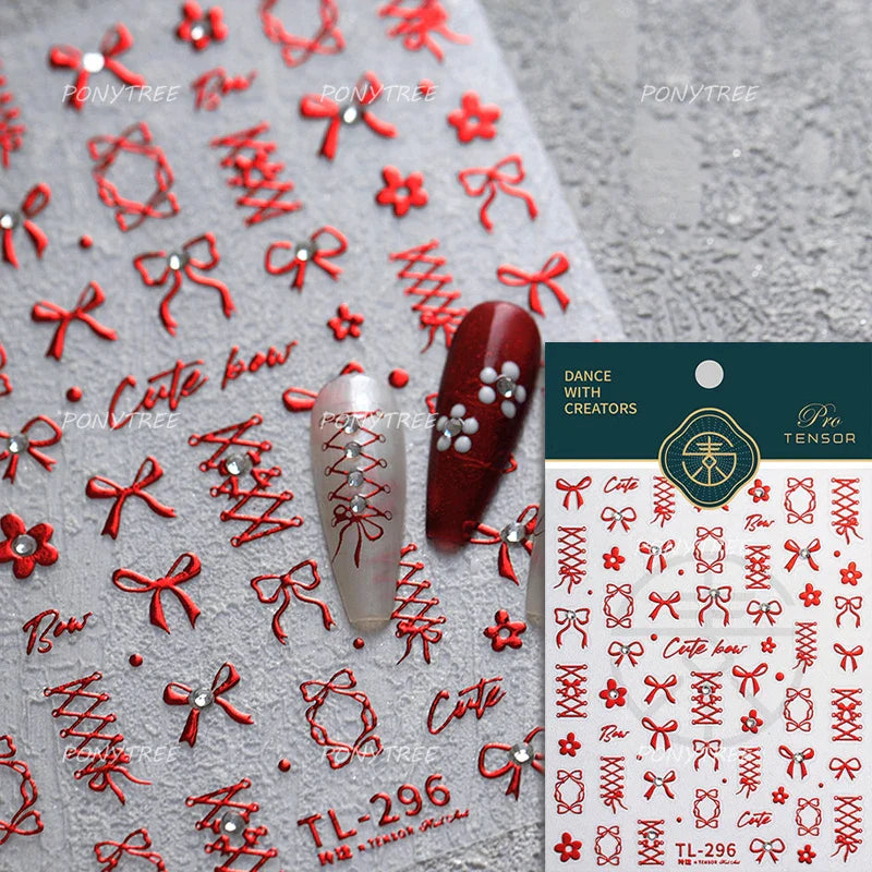 Pink White Bowknot Jelly Knot Lace Delicate Decorative Border Shiny 5D Self Adhesive Nail Art Stickers Manicure Decals Wholesale (Online Order Only)