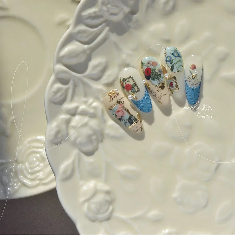 Chic Retro Rose Photo Frame Dried Flower Petal Self Adhesive Nail Art Stickers 5D Hot Stamping Relief Rhinestone Manicure Decals (Online Order Only)