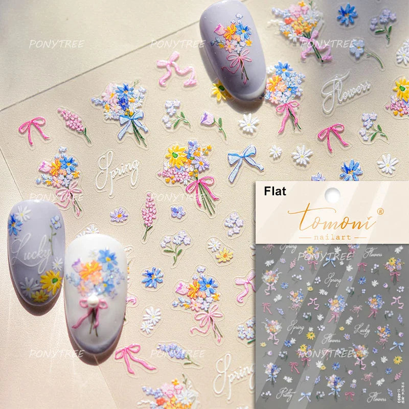 Retro Tulip Flowers Daisy Photo Frame Geometric Border Bowknot Butterfly Soft Relief Adhesive Nail Art Stickers Manicure Decals (ONLINE ORDER ONLY)