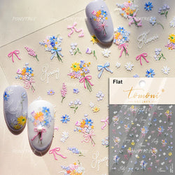 Cute Spring Flowers Purple Blue White Bowknot Rose Garden Daisy 5D Soft Embossed Relief Adhesive Nail Art Sticker Manicure Decal (ONLINE ORDER ONLY)
