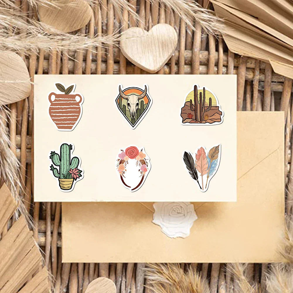 50pcs Retro Boho Stickers For Laptop Luggage Stationery Scrapbook Travel Diary Sticker Vinyl Waterproof Graffiti Decals (ONLINE ORDER ONLY)