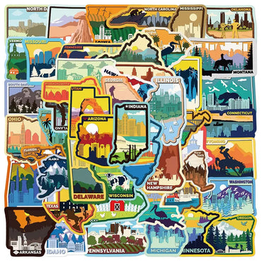 10/50Pcs USA American 50 States Travel Stickers Aesthetic Decals DIY Luggage Phone Motorcycle Car Bike Laptop Kids Sticker Toy (Online Order Only)
