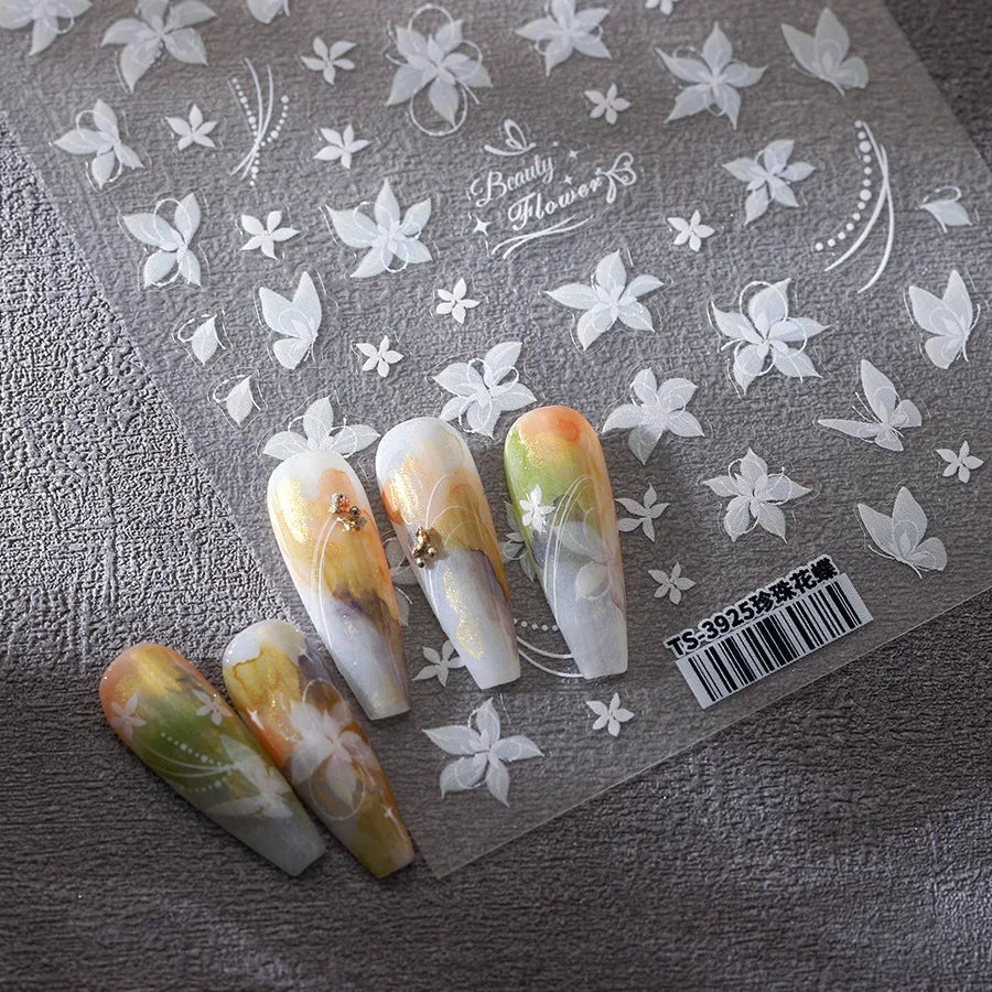 Pure White Lily Petals Flower Butterfly Branch Leaves Line Minimalist Self Adhesive Nail Art Decorations Sticker Manicure Decals (ONLINE ORDER ONLY)