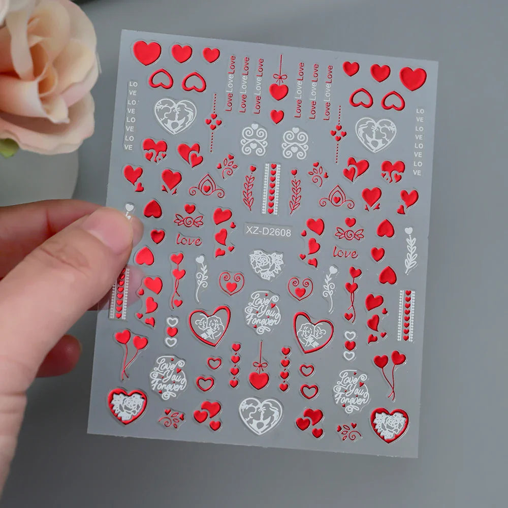 1PC Holographic Laser Heart Nail Stickers-3D Self-Adhesive Golden White Valentines Day Nail Decals For Women Nail Art Decoration (ONLINE ORDER ONLY)
