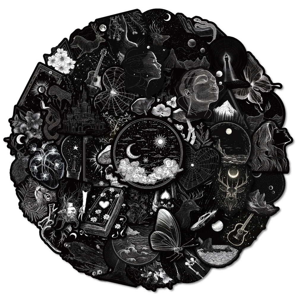 10/50Pcs Aesthetic Black White Gothic Graffiti Stickers Skull DIY Motorcycle Laptop Phone Helmet Car Stationery Cool Decals Toys (ONLINE ORDER ONLY)