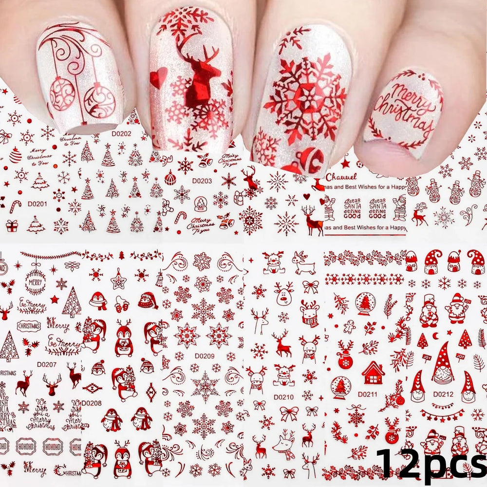 12pcs Cute Christmas Nail Decals Santa Claus Elk Penguin Snowman Cartoon Nail Stickers 3D Self-adhesive Sliders Manicure Decor * (Online Order Only)