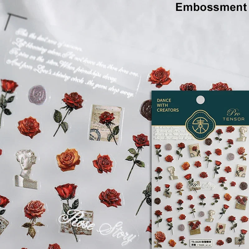 Red Azalea Rose Peony Crane Warbler Bird Fish Lily Chicken Rabbit Lobster Flower Retro Chinese Nail Art Sticker Decoration Decal (Online Order Only)