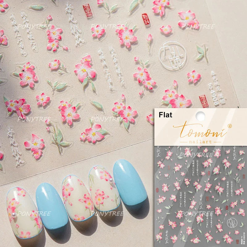 Cute Spring Flowers Purple Blue White Bowknot Rose Garden Daisy 5D Soft Embossed Relief Adhesive Nail Art Sticker Manicure Decal (ONLINE ORDER ONLY)