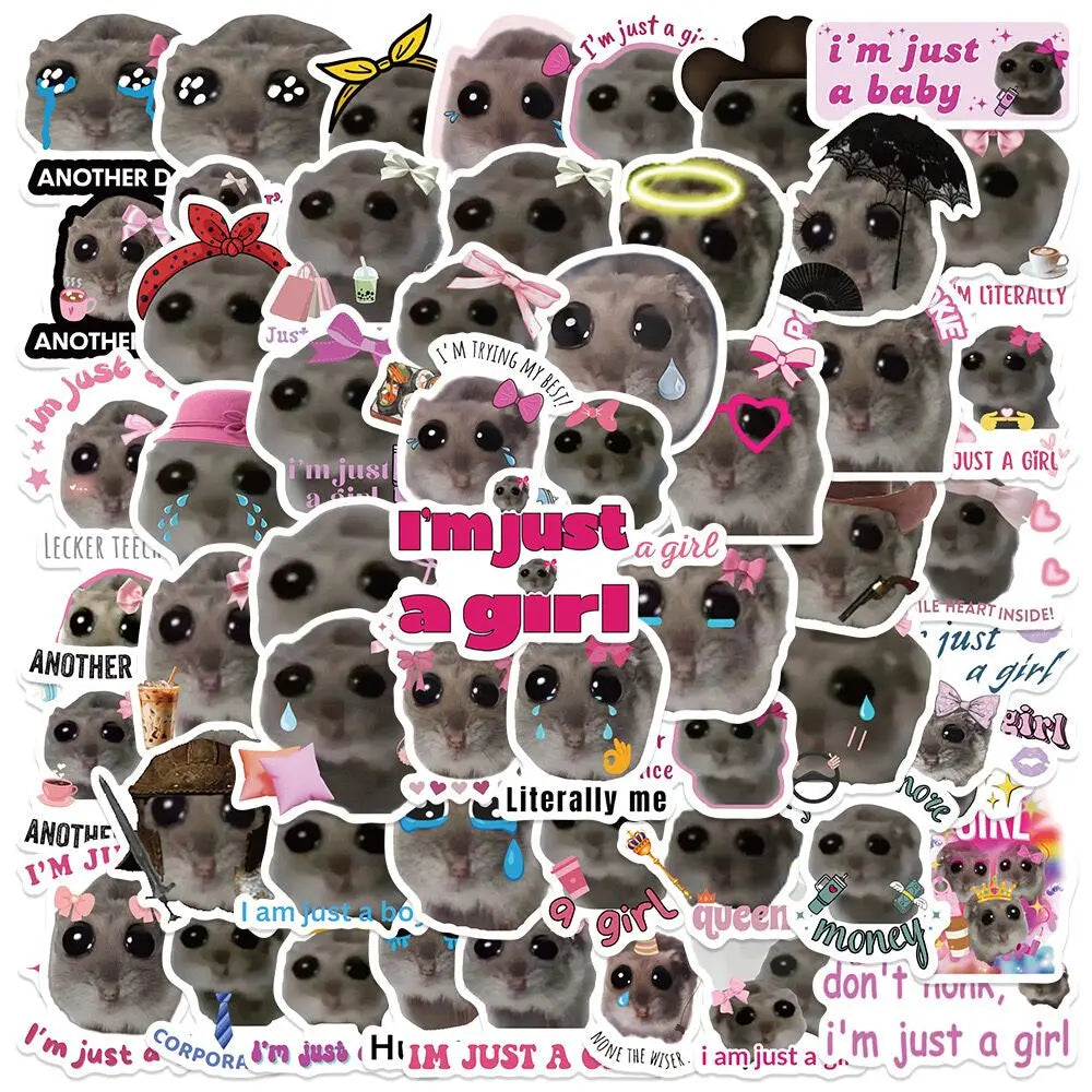 10/56PCS Cute Funny Sad Hamster Meme Stickers Just a Girl Graffiti Decals DIY Stationery Scrapbook Bike Phone Guitar Sticker Toy (Online Order Only)