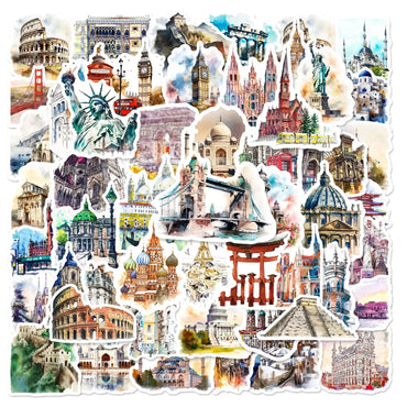 10/50pcs Vintage World Famous Building Landmark Stickers Decal For Travel Luggage Laptop Guitar Skateboard Car Graffiti Sticker (Online Order Only)