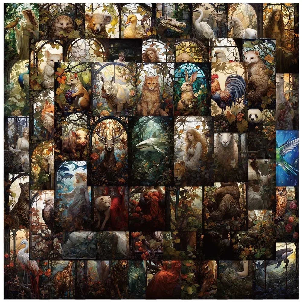10/50pcs Vintage Forest Glass Animal Stickers Aesthetic Art Decals DIY Scrapbooking Luggage Car Graffiti Decoration Sticker Toy (ONLINE ORDER ONLY)