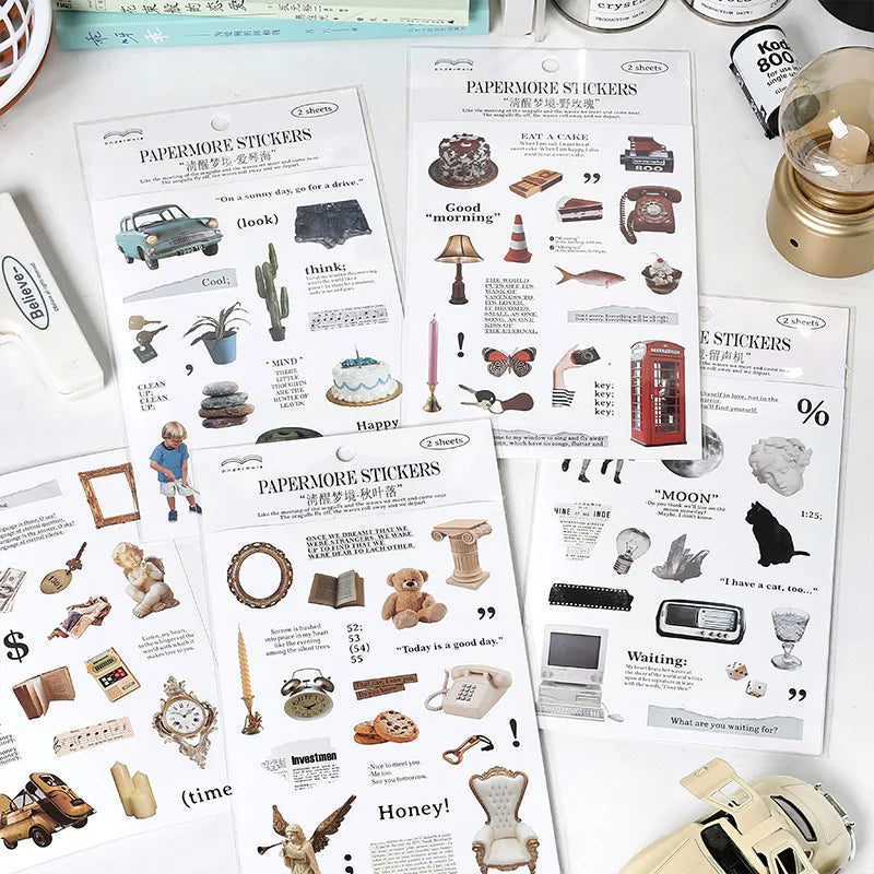 2Pc Ins Cute Retro Sticker Planner Collage Scrapbook DIY Material Decoration Stickers Personalized Art Supplies Stationery (ONLINE ORDER ONLY)