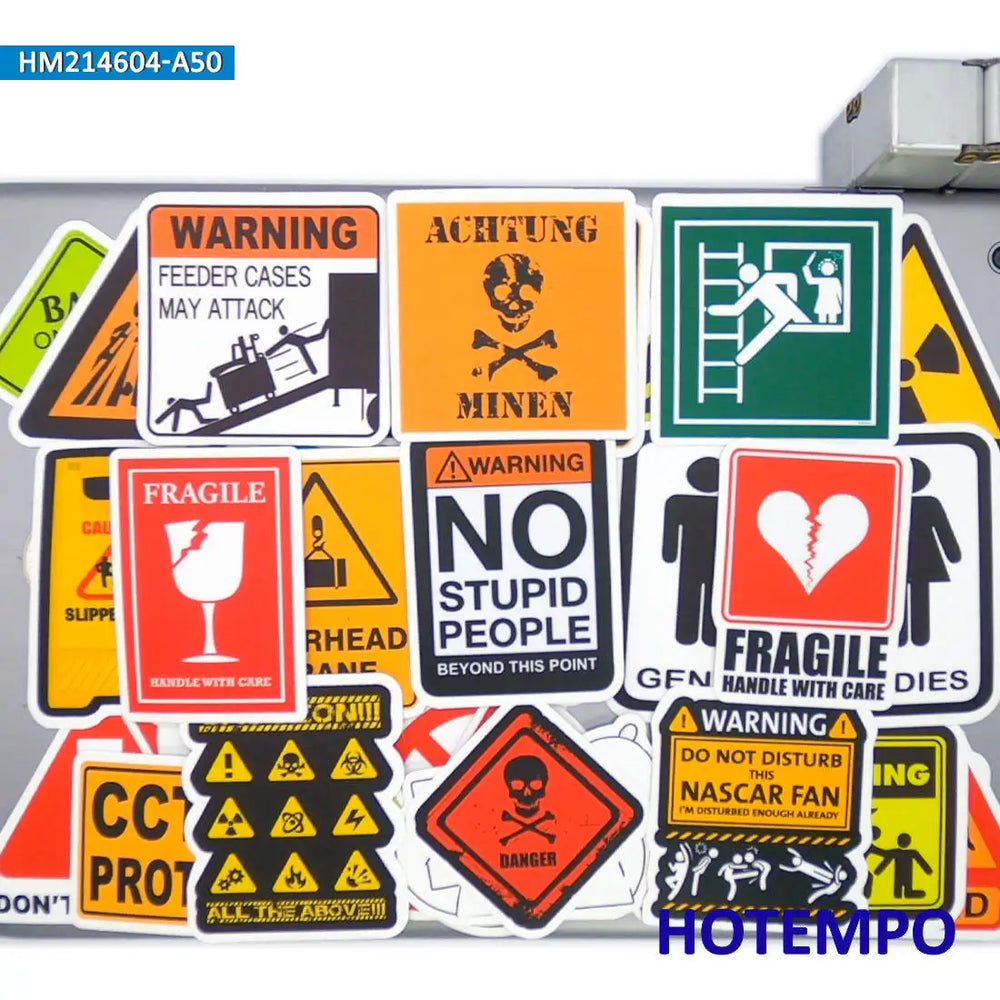 50Pieces Stop Danger Warning Slogans Spoof Risk Tip Funny Signs Waterproof Stickers for Laptop Phone Motorcycle Car Bike Sticker (ONLINE ORDER ONLY)