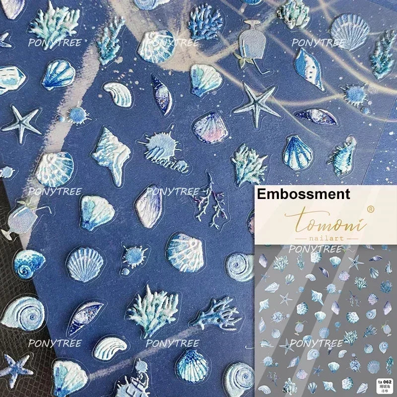Hot Stamping Laser Shell Conch Starfish Pearl Whale Coral Dolphin Summer Beach Sea Wave Jellyfish Bubble Nail Art Stickers Decal (ONLINE ORDER ONLY)