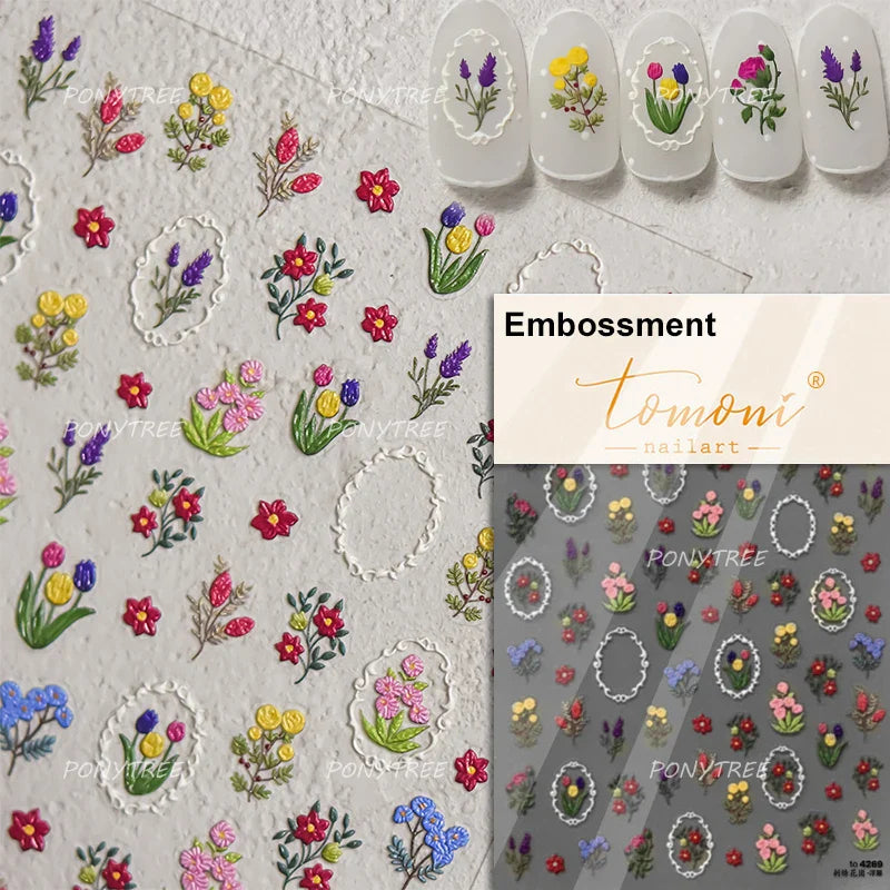 Pink Cherry Blossoms Peach Flower Petal Green Leaf Greenery 5D Embossed Relief Self Adhesive Nail Art Sticker 3D Manicure Decals (ONLINE ORDER ONLY)