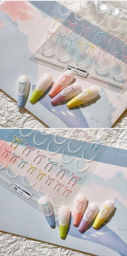 Pink Blue Purple Lovely Line Bowknot Lace Arc Curve Romantic Delicate Cording Embossed Adhesive Nail Art Sticker Manicure Decal (ONLINE ORDER ONLY)