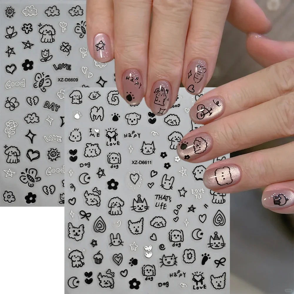 1Pc 3D Cute Black Silver Smile Dog Decals Y2K Cartoon Cat Footprint Nail Stickers Graffiti Star Heart DIY Manicure Slider Decor* (ONLINE ORDER ONLY)