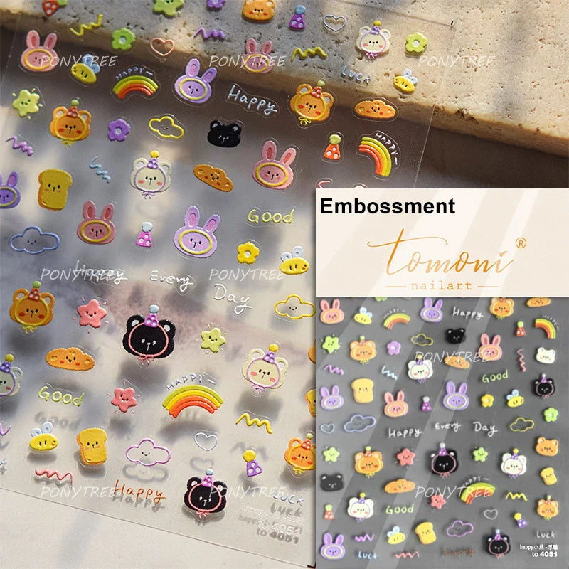 Lovely Bear Strawberry Cake Rose Flower Grid Block Bowknot Embossed Relief Self Adhesive Nail Art Sticker Cute 3D Manicure Decal (ONLINE ORDER ONLY)