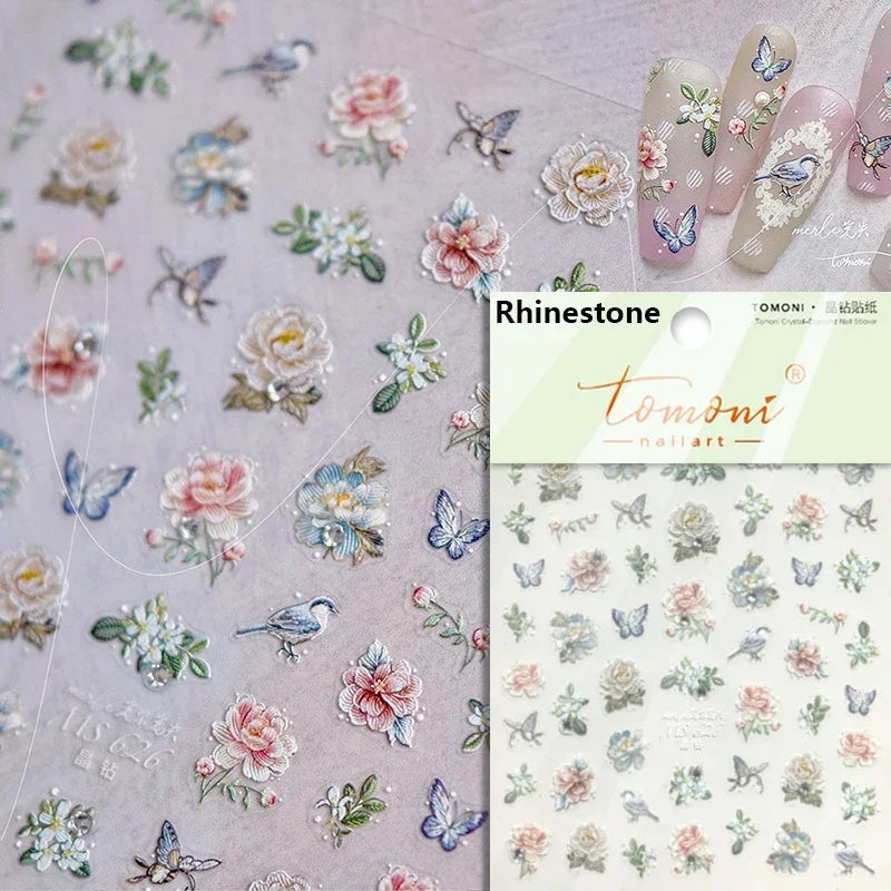 Gradient Coloredful Flower Petal Green Leaf Dreamy Shiny Chinese Rose Fantasy Relief Adhesive Nail Art Stickers Manicure Decals (Online Order Only)
